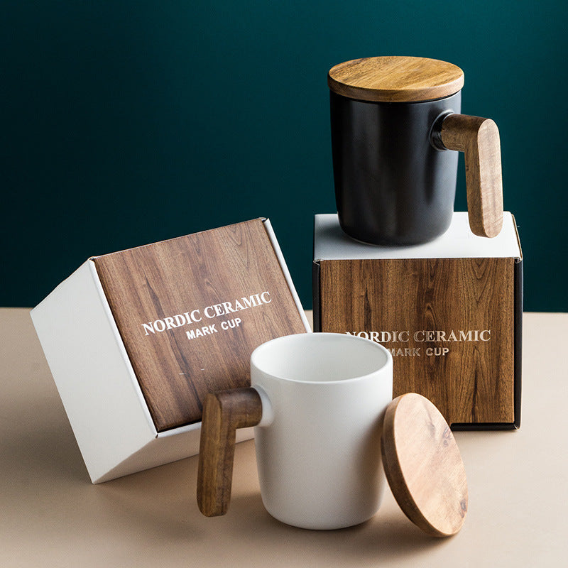 Flag Village Creative Office Nordic Mug Wooden Handle With Lid Couple Water Cup Gift Box Set Retro Ceramic Mug