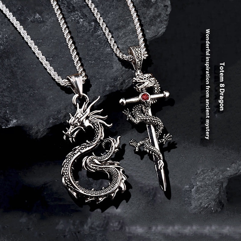 Flag Village Fashion Jewelry Dragon Sword Pendant Necklace Paved Black Color Jewelry For Men Boy Christmas Gifts