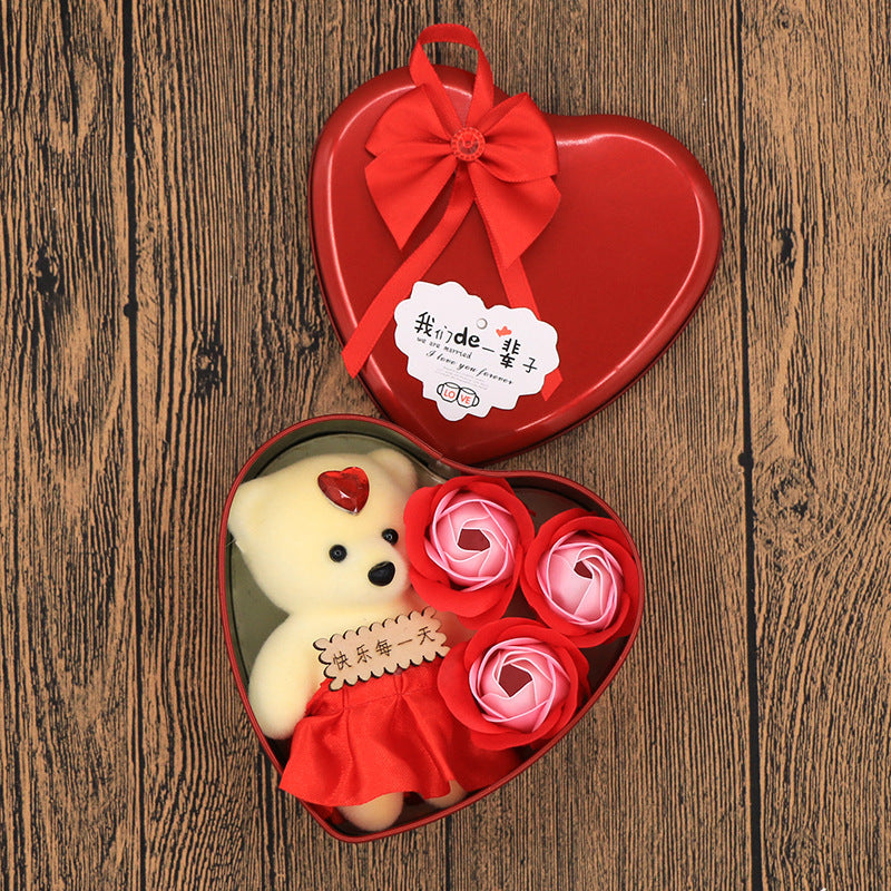Flag Village Soap Flower Gift Box Valentine's Day Gift Mother's Day Creative Gifts Bear Flower Rose Heart Shaped Tin Box