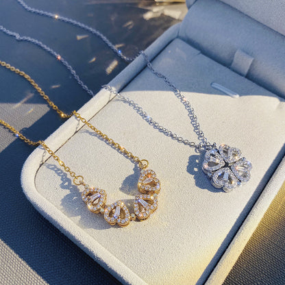 Flag Village Retro Magnetic Folding Heart Shaped Four Leaf Clover Pendant Necklace Women Love Clavicle Chain Gifts Openable Choker Jewelry