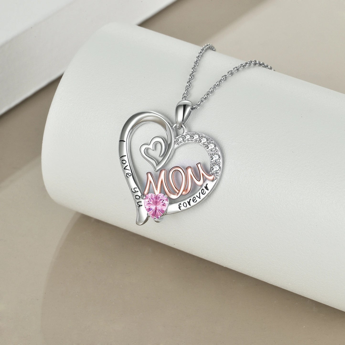 Flag Village Mom Necklace S925 Sterling Silver Heart CZ Pink Stone Love Mum Pendant Birthstone Jewelry for Women Mother Gifts