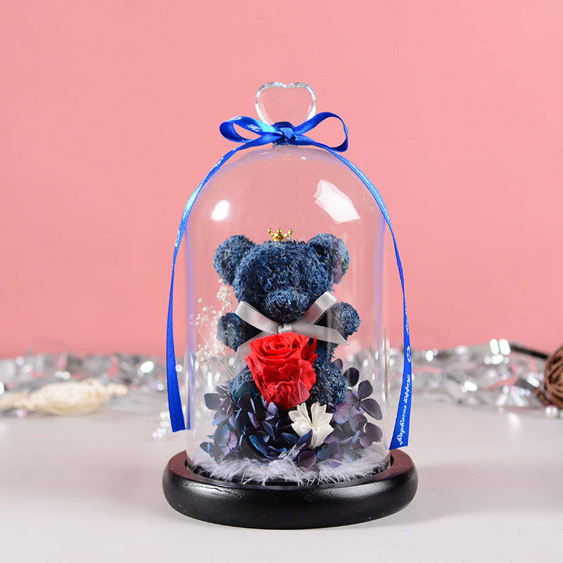 Flag Village Florist Gift Box Flowers Eternal Flower Glass Cover Bear Rose