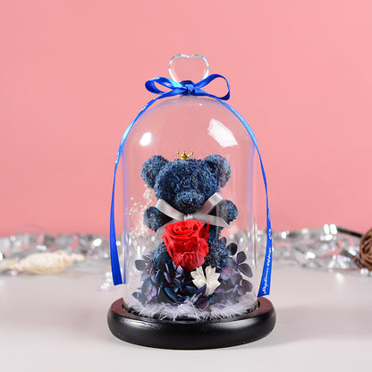 Flag Village Florist Gift Box Flowers Eternal Flower Glass Cover Bear Rose