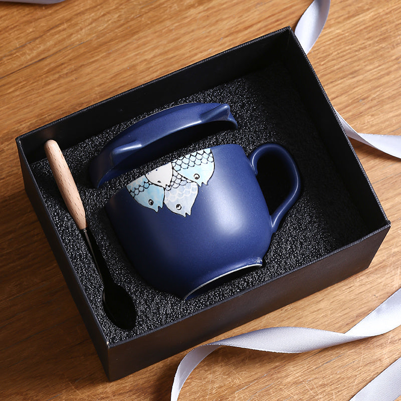 Flag Village Ceramic Cup With Lid Large Capacity, Spoon Set Gift Box