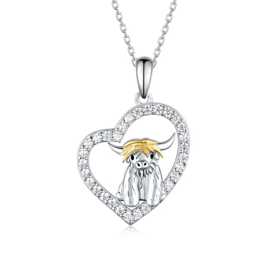 Flag Village Highland Cow Necklace 925 Sterling Silver Heart Animal Necklace Animal Jewelry Gifts for Women Girls Daughter