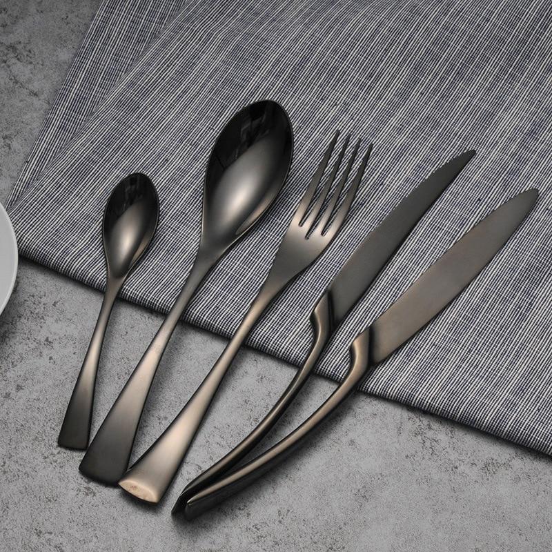 Flag Village 4PCS Set Black Stainless Steel Cutlery Korean Dinnerware Set Gifts Mirror Polishing Silverware Sets Scoop Knife and Fork Sets
