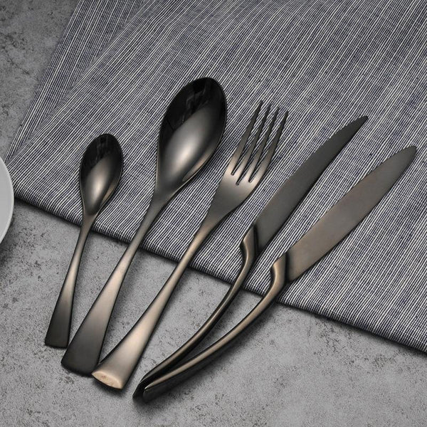 Flag Village 4PCS Set Black Stainless Steel Cutlery Korean Dinnerware Set Gifts Mirror Polishing Silverware Sets Scoop Knife and Fork Sets