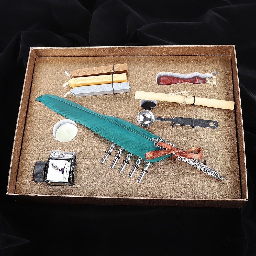 Retro Quill Feather Writing Pen Gift Box with Empty Ink Bottle Quill Set for Teacher Ink Green