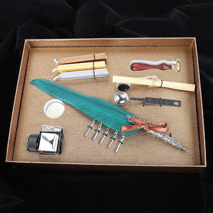 Retro Quill Feather Writing Pen Gift Box with Empty Ink Bottle Quill Set for Teacher Ink Green
