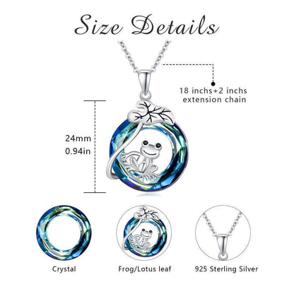 Flag Village 925 Sterling Silver Frog Lotus Leaf Necklace with Circle Crystal Pendant Cute Animal Jewelry Gifts