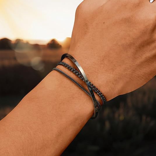 Flag Village Stackable Cuff Stainless Steel Bracelet 3 Pieces Layered Bangle Snake Box Chain Cuban Link Chain Bracelet Set