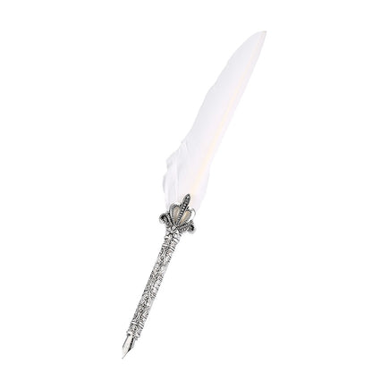 Flag Village European Retro Quill Alloy Feather Writing with Pen Nibs&Gift Box Set With Ink Bottle White