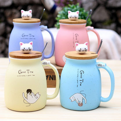 Flag Village 450ml Cartoon Ceramics Cat Mug With Lid and Spoon Coffee Milk Tea Mugs Breakfast Cup Drinkware Novelty Gifts