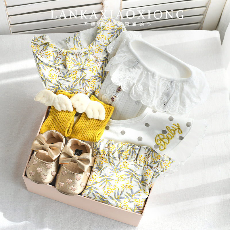 Flag Village Baby Girl Full Moon Gift Box Baby Cotton Romper Suit Princess Dress Clothes