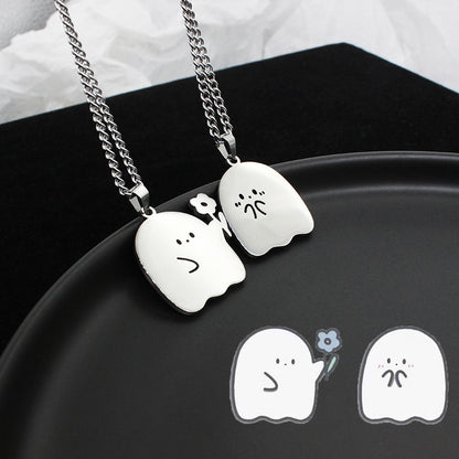 Flag Village Stainless Steel Cute Ghost Couple Necklace Kawaii Animal Cat Pendant Necklace Lovers Friendship Jewelry Gifts