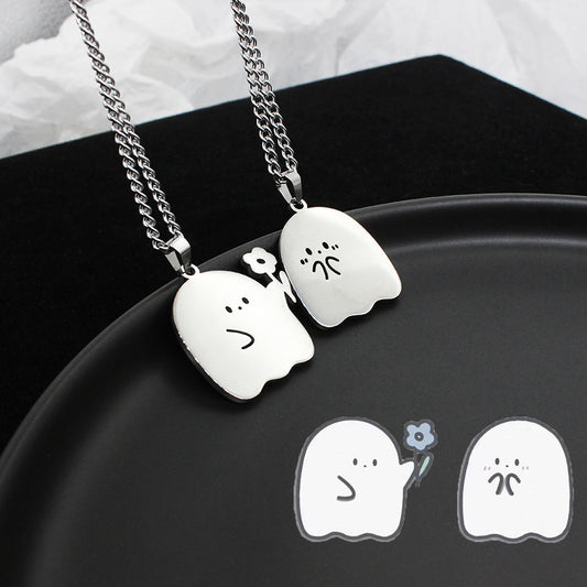 Flag Village Stainless Steel Cute Ghost Couple Necklace Kawaii Animal Cat Pendant Necklace Lovers Friendship Jewelry Gifts