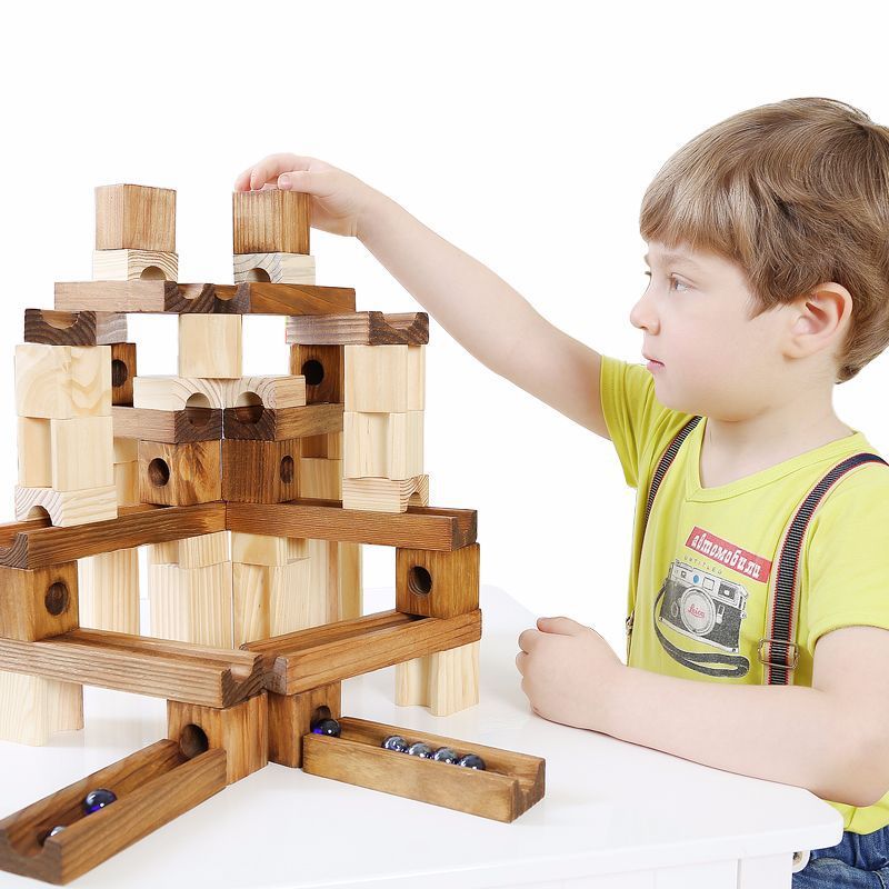 Flag Village Wood Marbles Building Run Maze Ball Blocks Rollercoaster Style Construction Educational Toys For Children Kids Gifts