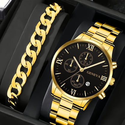 Flag Village 2pcs Men's New Popular Steel Strip Fashion Business Three Eye Quartz Watch Bracelet Set Valentine's Day Gifts