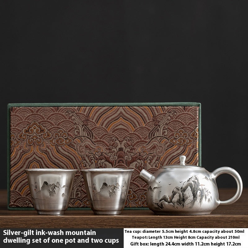Flag Village Silver Gilded Chinese High-end Kung Fu Tea Set Mini Set Teapot Tea Cup Gift Box