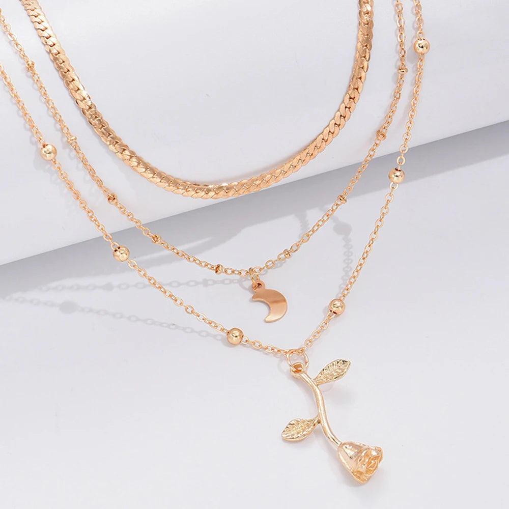Flag Village Bohemia Multilayer Moon Gold Color Pendant Necklaces For Women Rose Flower Choker Necklace 2025 Fashion Jewelry Party Gift Valentine's Day Gifts