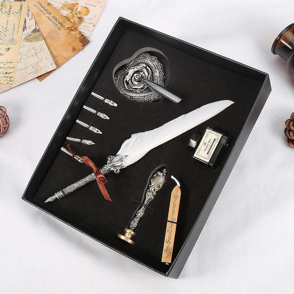 Flag Village European Retro Quill Alloy Feather Writing with Pen Nibs&Gift Box Set With Ink Bottle White