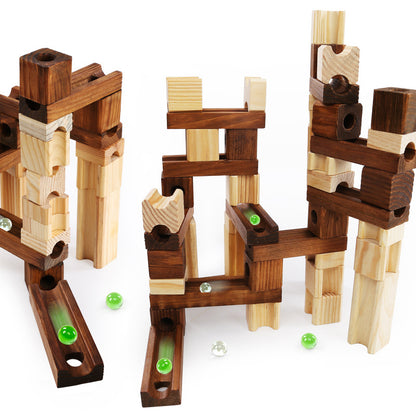Flag Village Wood Marbles Building Run Maze Ball Blocks Rollercoaster Style Construction Educational Toys For Children Kids Gifts
