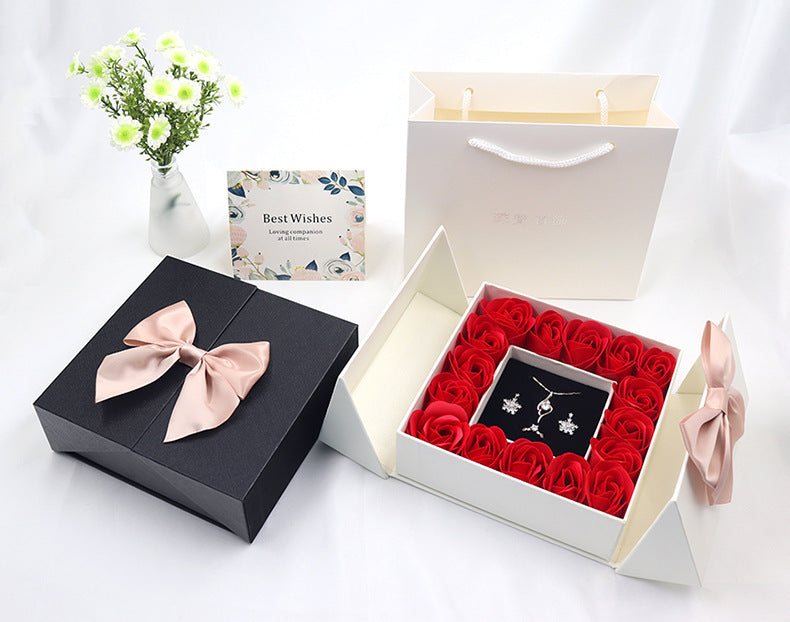 Flag Village Rose Box Double Door Jewelry Box Valentine's Day Bow Gift Box Necklace Locket