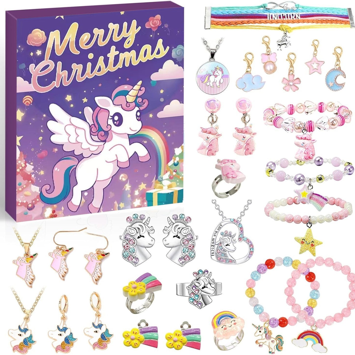 Flag Village DIY Creative Kids Bracelet Ornament 24 Grid Calendar Christmas Surprise Blind Box Silver Set
