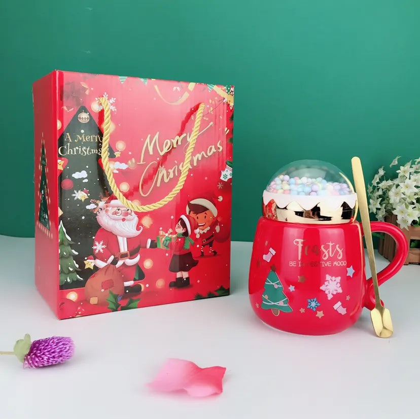 Flag Village Christmas Mugs Set With Lid And Spoon Xmas Gift Box Set Ceramic Cartoon Couples Santa Claus Milk Cocoa Cup For Home Office