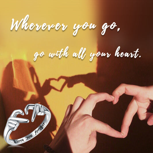 Flag Village Romantic Heart Hand Hug Fashion Ring For Women Couple Jewelry Silver Color Punk Gesture Wedding Men Finger Accessories Gifts