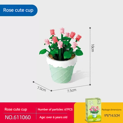 Flag Village Bouquet Plant Potted Rose Handmade DIY Assembling Puzzle Building Blocks Toy Children Gifts