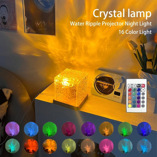 Flag Village LED Water Ripple Ambient Night Light USB Rotating Projection Crystal Table Lamp RGB Dimmable Home Decoration 16 Color Gifts