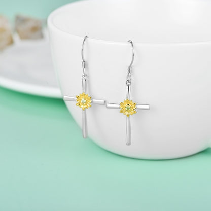 Flag Village Sunflower Earrings Sterling Silver Cross Dangle Drop Hooks Earrings Sunflower Flower Jewelry Gifts for Women Teens Birthday