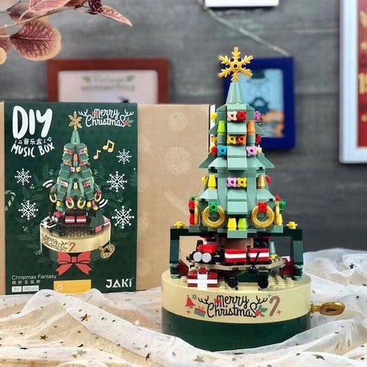 Flag Village DIY Building Blocks Music Box Christmas Tree Model Desktop Decoration Ornaments Gift Box For Woman Kids Present New Year Gifts
