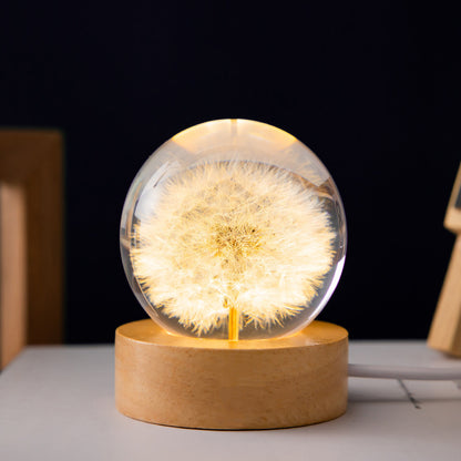 Flag Village Luminous 3D Dandelion Crystal Ball Beech Wood Stand Base Preserved Flower Sphere Ball Desktop Ornaments Bithday Christmas Gifts