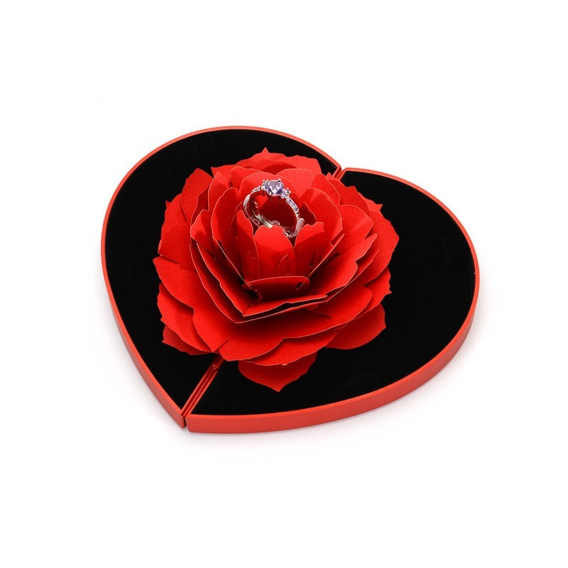 Flag Village 3D Love Box Heart-shaped Rose Flower Rotating Ring Box Valentines Day Gift