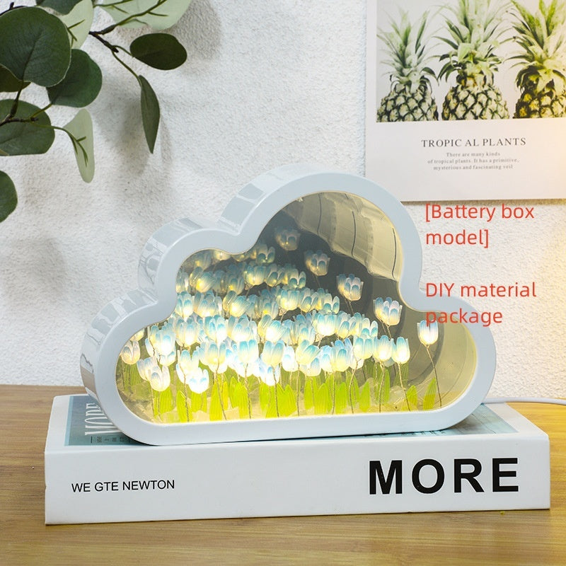 Flag Village Tulip Night Lamp DIY Material Cloud Tulips Night Lamp Decorative Mirrors Photo Frame LED Table Lights Korean Creative Desk Bedroom Handmade Birthday Gifts