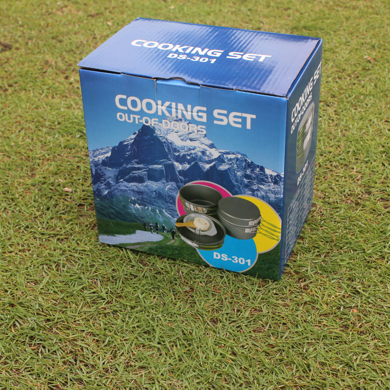 Flag Village Outdoor Portable Cookware Camping Hiking Picnic Non-stick Cooking Pan Pot Bowl Set for 2-3 Person