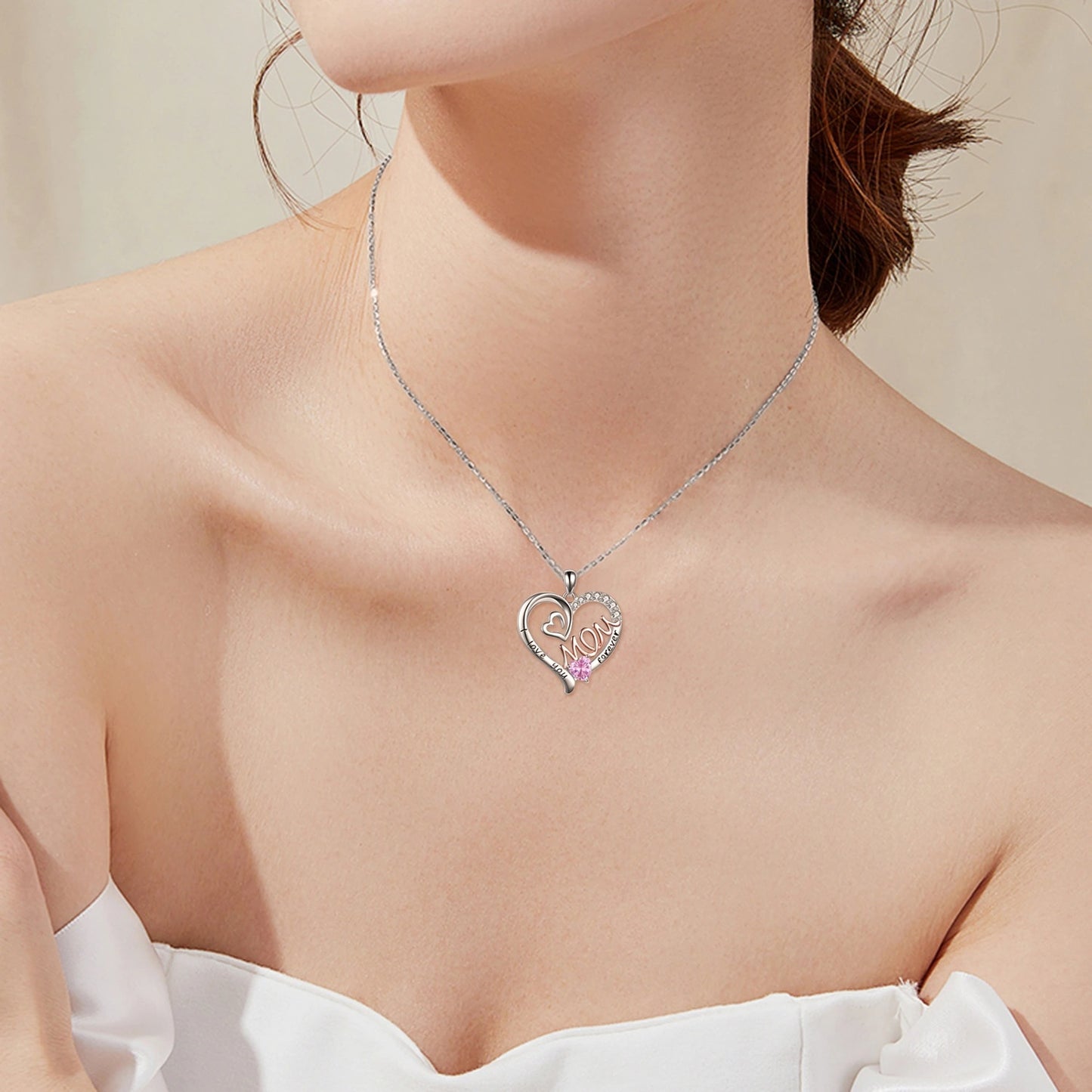 Flag Village Mom Necklace S925 Sterling Silver Heart CZ Pink Stone Love Mum Pendant Birthstone Jewelry for Women Mother Gifts