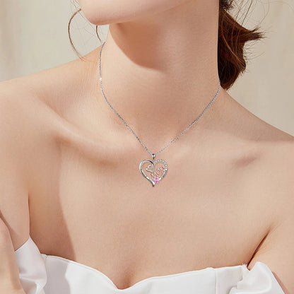 Flag Village Mom Necklace S925 Sterling Silver Heart CZ Pink Stone Love Mum Pendant Birthstone Jewelry for Women Mother Gifts