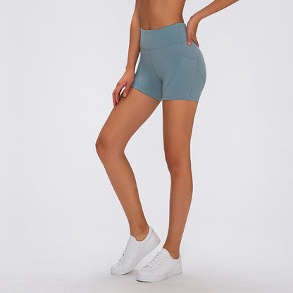 Flag Village SHINBENE Anti-sweat Plain Sport Athletic Shorts Women High Waisted Soft Cotton Feel Fitness Yoga Shorts with Two Side Pocket
