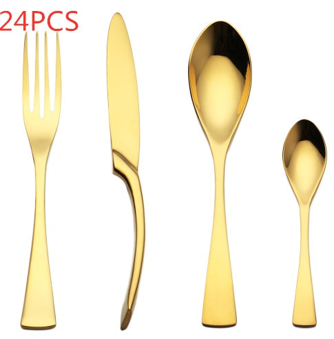 Flag Village 4PCS Set Black Stainless Steel Cutlery Korean Dinnerware Set Gifts Mirror Polishing Silverware Sets Scoop Knife and Fork Sets