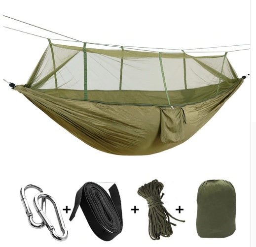 Flag Village Outdoor Parachute Cloth Hammock Couble with Mosquito Net Light Portable Army Green Insect-proof Camping Aerial Tent