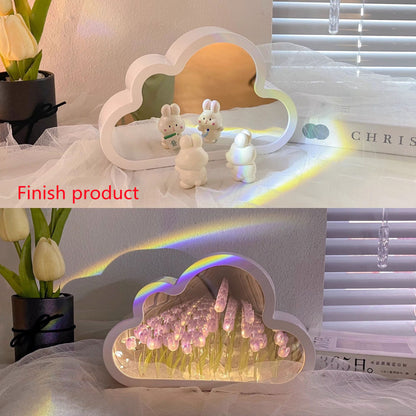 Flag Village Tulip Night Lamp DIY Material Cloud Tulips Night Lamp Decorative Mirrors Photo Frame LED Table Lights Korean Creative Desk Bedroom Handmade Birthday Gifts