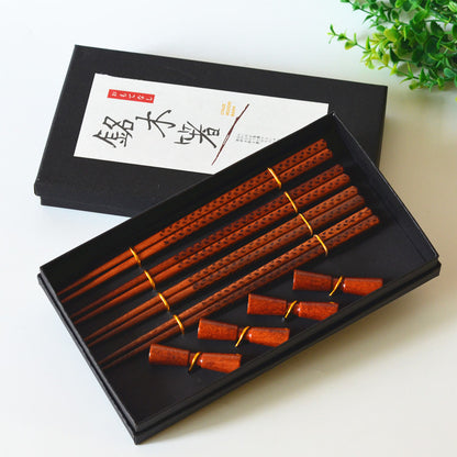 Flag Village Wooden Chopsticks 4 Pairs Of Chopsticks Chopstick Holder Combination Gift Box Set