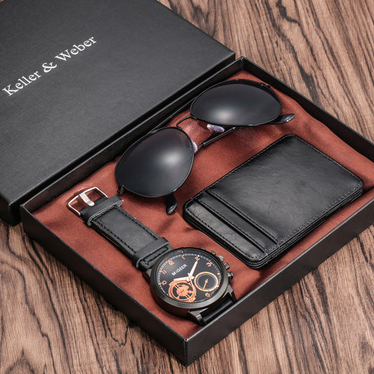 Flag Village New Men's Quartz Watch Set Glasses Wallet Gift Set Box