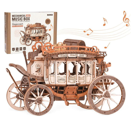 Flag Village Robotime Rokr Stagecoach Music Box 3D Wooden Puzzle For Adults Birthday Anniversary Day Gift Hobby STEM Kits Model Easy To Build