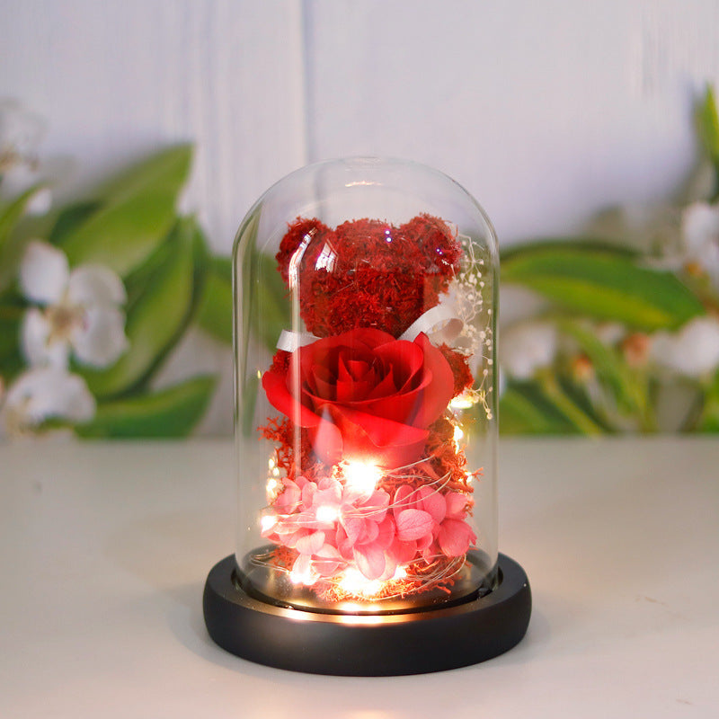 Flag Village Valentine's Day Gift For Girlfriend Eternal Preserved Rose Flower Gift Box Teddy Bear Eternal Flower With Lights Gift For Women Home Decor