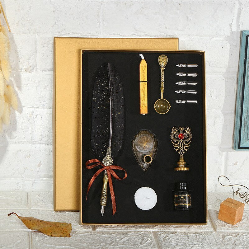Flag Village European Retro Creative Feather Dip Pen Gift Box Set