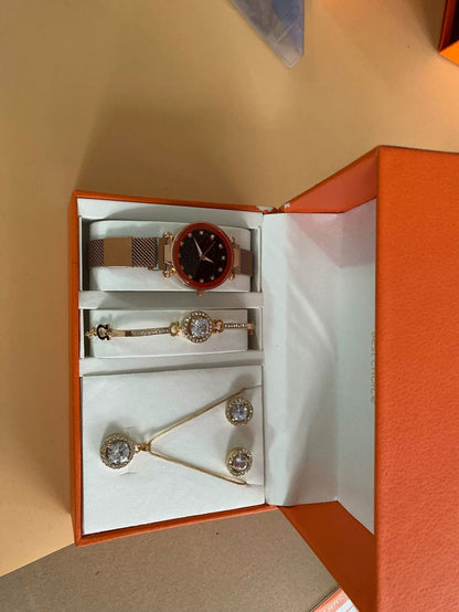 Flag Village Women's Suit Gift 5-piece Set Watch Bracelet Ring Necklace Earrings Combination Gift Box